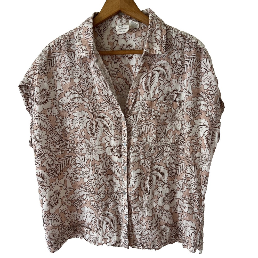 C&C California 100% Linen Top Womens Sz Med Boxy Cap Sleeve Tropical Shirt